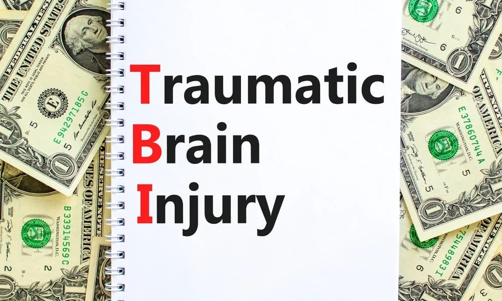 Words TBI traumatic brain injury on white note on a beautiful background from dollar bills.